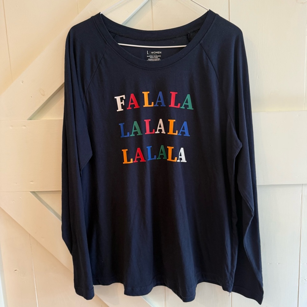 Pajamarama Women’s Blue FALALALALA Holiday Multicolored Long Sleeve‎ Tee Large